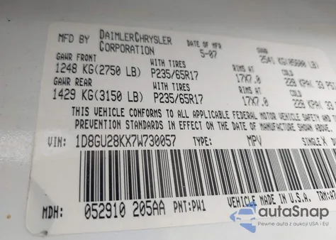 2007 Dodge Nitro Sxt from USA, damaged, VIN 1D8GU28KX7W730057